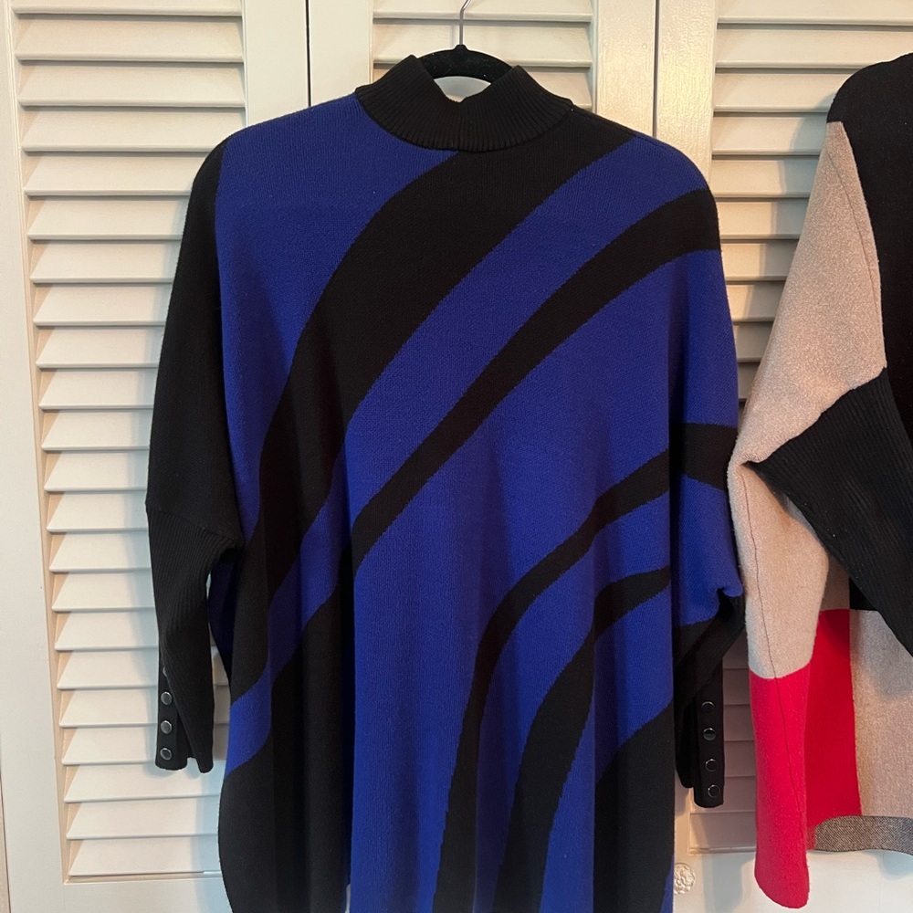 Two Chicos dolman sweaters-1) Blue & Black Striped Sweater, 2) Red, black & tan